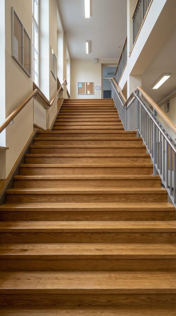 Geschliffene und versiegelte Eichen-Holztreppe in einem Münchner Gymnasium – Bodenleger München